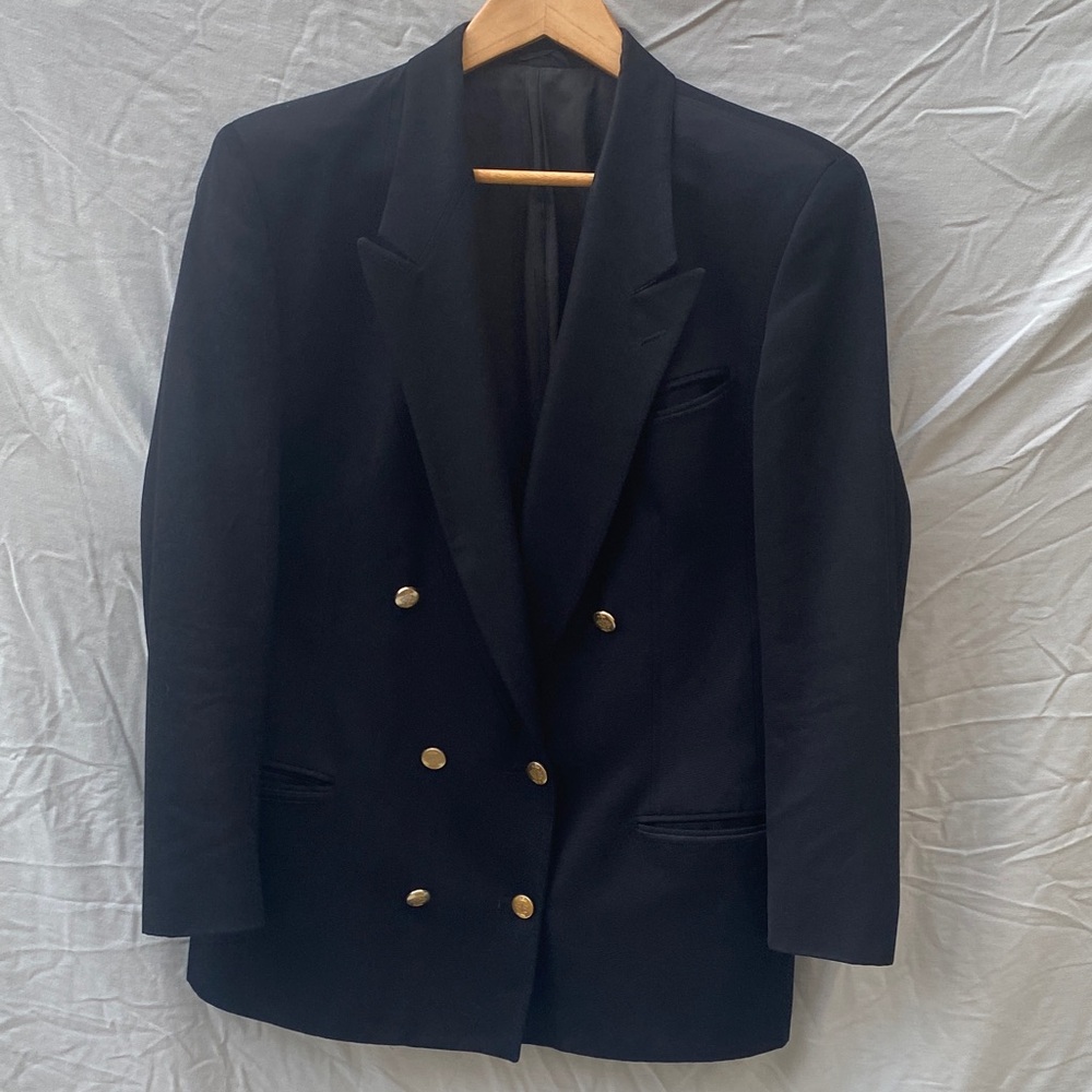 Woman’s 100% Wool Double-Breasted Black Blazer with Gold Buttons